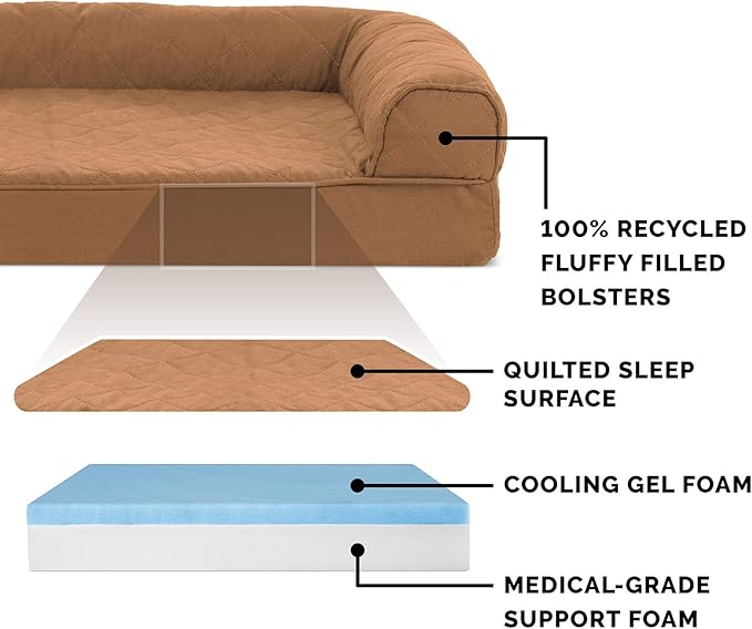 Furhaven Cooling Gel Dog Bed for Medium/Small Dogs w/ Removable Bolsters & Washable Cover, For Dogs Up to 35 lbs - Quilted Sofa - Toasted Brown, Medium-PurrikoPets