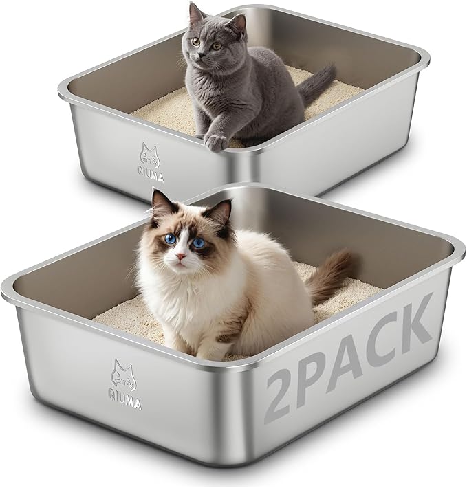 2 Packs Stainless Steel Cat Litter Box, 17.5" L×13.6" W×5.9" H, Metal Kitty Litter Box with High Sided for Small Cats, Non-Stick, Easy to Clean, Odor-Free-PurrikoPets