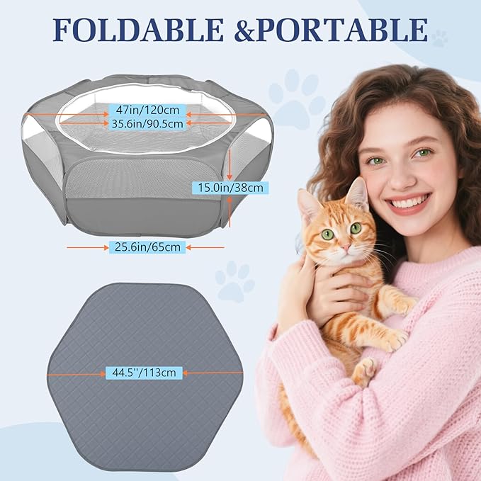 2-in-1 Small Animals Playpen with Pad, Waterproof Small Pet Cage Tent with Reusable Pad, Portable Outdoor Yard Fence with 3 Metal Rod for Chick/Kitten/Puppy/Guinea Pig/Rabbits/Chinchillas, Gray-PurrikoPets