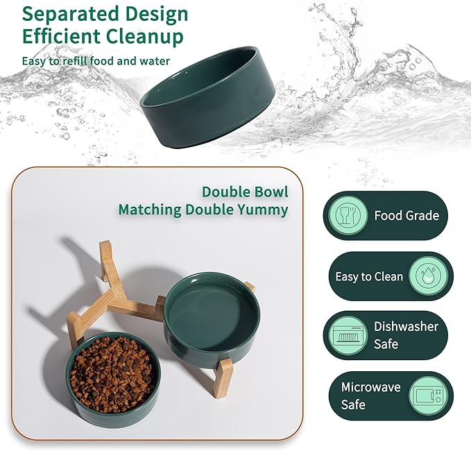 Elevated Ceramic Dog Bowl Set - Raised Feeding Bowls with Non-Slip Bamboo Stand - Small Pet Dishes for Food and Water - Ideal for Cats and Puppies - 16.23 OZ - 2 Cups - 480 ML-PurrikoPets