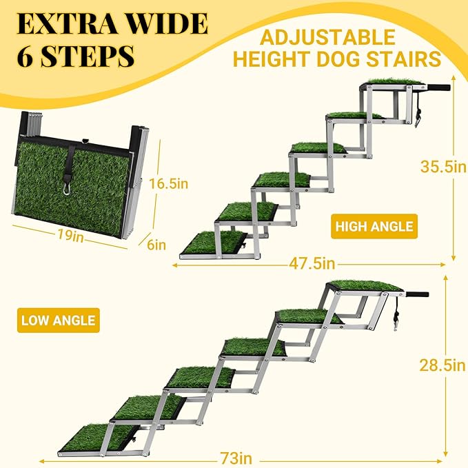 Extra Wide Dog Stairs for Car, Portable Folding Dog Ramps,Doggy Steps for Large Dogs with Non-Slip Grass Rug for Cars, SUV, Trucks, Lightweight Pet Ramp Supports Up to 200 lb, 6 Steps-PurrikoPets