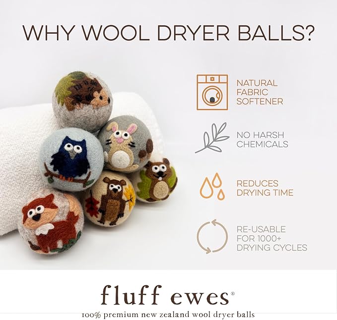 Fluff Ewes Wool Dryer Balls 6 Pack Premium New Zealand Wool Laundry Balls for Dryer, No Static Dryer Balls Laundry Reusable, XL Hedgehog Dryer Balls, Baby Dryer Balls for Dryers - Hedgehog and Homies-PurrikoPets