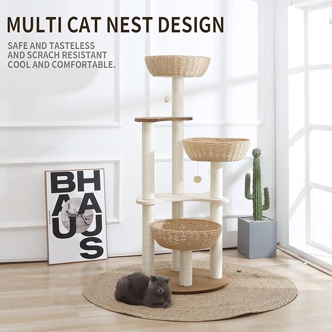 52" Modern Cat Tree Tower for Large Cats, 3Cat Nests Manual Hand Woven Multilevel Huge Paws Pals Cat Tree, Wood Cat Tower, Cat Scratching Tree, Cat Condo, Cat Lover Gift-PurrikoPets