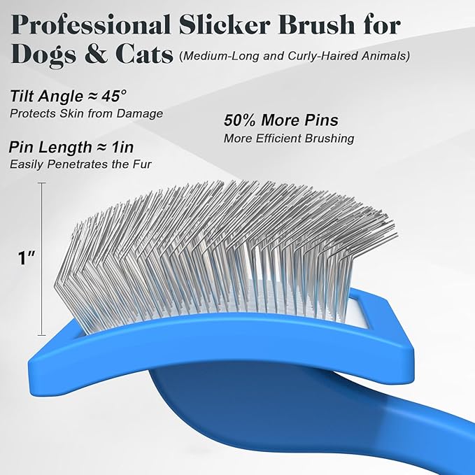 2PCS Slicker Brush for Dogs & Pet Comb,Professional Dog Grooming Brush (Goldendoodles,Poodles,Labradoodles) with Extra Long Pins to Effectively Remove Tangles, Knots and Mats (Blue)-PurrikoPets