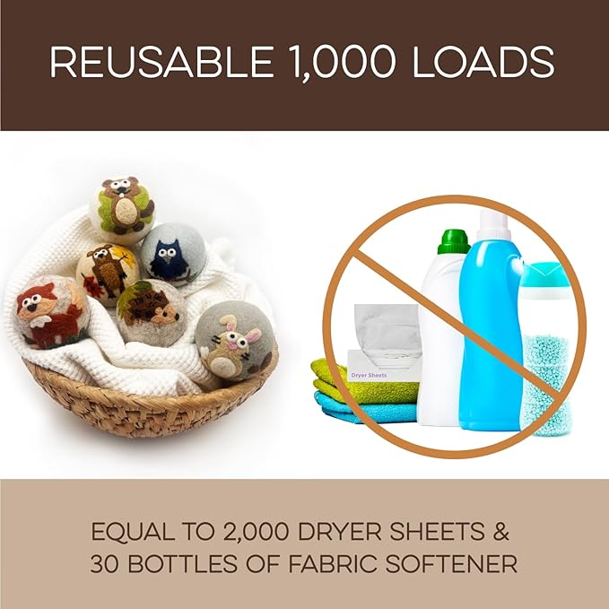 Fluff Ewes Wool Dryer Balls 6 Pack Premium New Zealand Wool Laundry Balls for Dryer, No Static Dryer Balls Laundry Reusable, XL Hedgehog Dryer Balls, Baby Dryer Balls for Dryers - Hedgehog and Homies-PurrikoPets