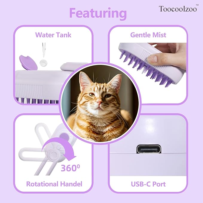 3-in-1 Cat Steam Brush, Rechargeable Cat Brush with Steam, Spritz Defur Comb for Dogs, Spritz Defur Comb for Cats (Purple)-PurrikoPets