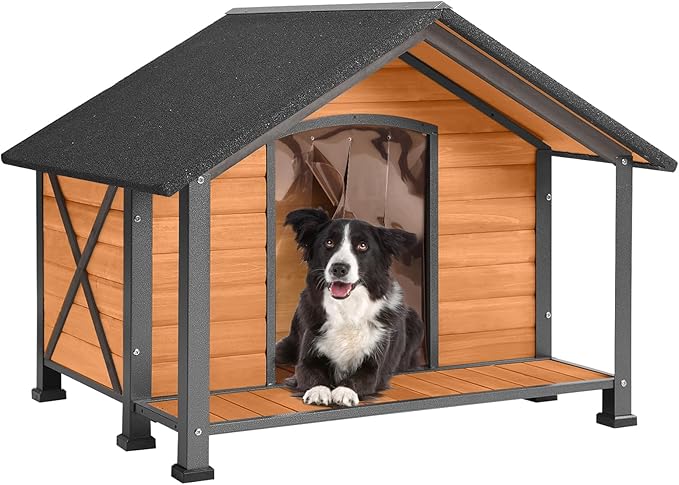 Aivituvin Dog House with Anti-Chewing Metal Frame Outdoor Large Wooden Dog Kennel Outside with Overhang Roof Large Porch Weatherproof-PurrikoPets