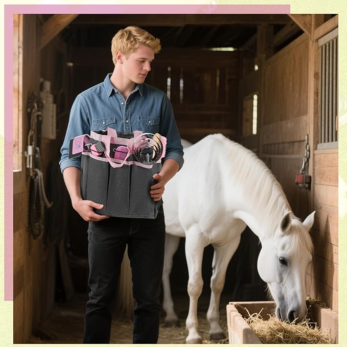 Abbylike 12 Pieces Horse Grooming Kit with Organizer Tote Bag Tack Room Supplies Horse Brush Sets Equine Care Cleaning Kit Shedding Grooming Massaging Tools(Pink and Grey)-PurrikoPets