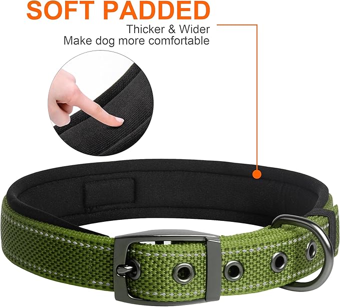 Fida Heavy Duty Dog Collar for Large Dogs, Ultra Comfortable Soft Neoprene Padded, Adjustable Reflective Nylon Pet Collar with Durable Metal Belt Buckle for Large Breeds (L, Green)-PurrikoPets
