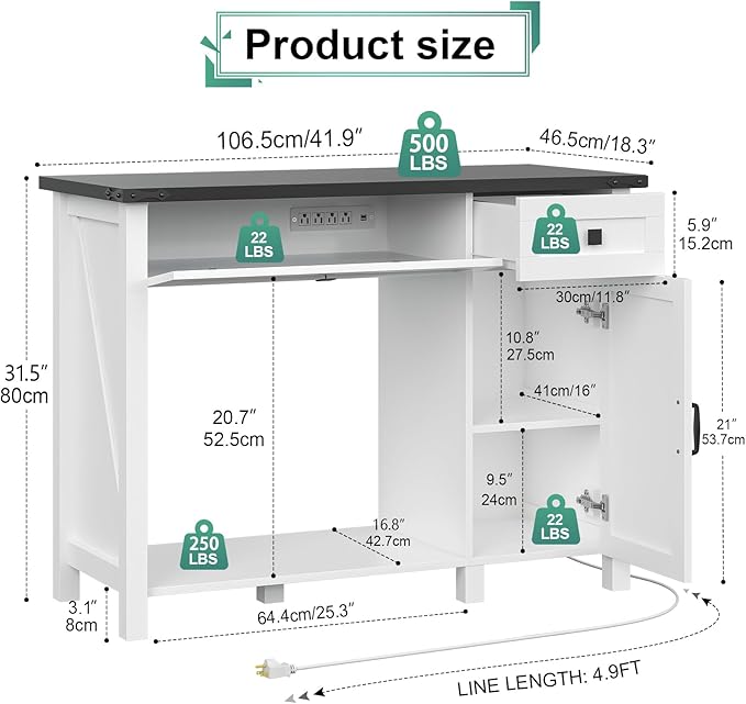 40 Gallon Aquarium Stand With Charging Station, Farmhouse Fish Tank Stand, Reptile Tank Stand Terrarium Stand with Drawer and Cabinet Storage, Sturdy Heavy Duty 41.9"×18.3" Tabletop - White-PurrikoPets