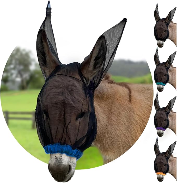 Donkey Fly Mask with Long Ears (Blue) Made in USA - Mule Fly Mask with Ears Protection from Insects and Bugs, Small Donkey Soft Mesh Fabric with Adjustable Fastener, Face Cover Supplies for Donkeys-PurrikoPets