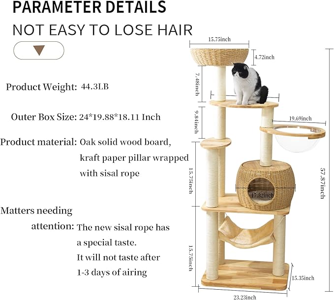 59" Big Modern Cat Tree Tower, Cat Tower Sisal-Covered Scratching Posts for Indoor Cats, Oak Wood Cat Tree for Large Cats, Multi-Level Cat Condo with Space Capsule Nest, Cat Furniture Activity Centre-PurrikoPets
