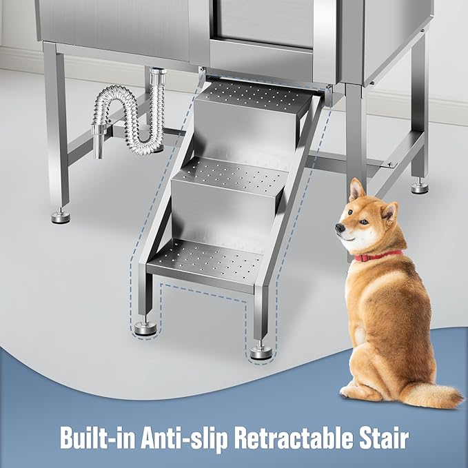 38" Pet Dog Bathing Station W/Stairs, Professional Stainless Steel Dog Grooming Tub W/Soap Box, Faucet,Rich Accessory, Dog Bathtub for Large,Medium,Small Pets, Washing Sink for Home,R-RAMP-PurrikoPets