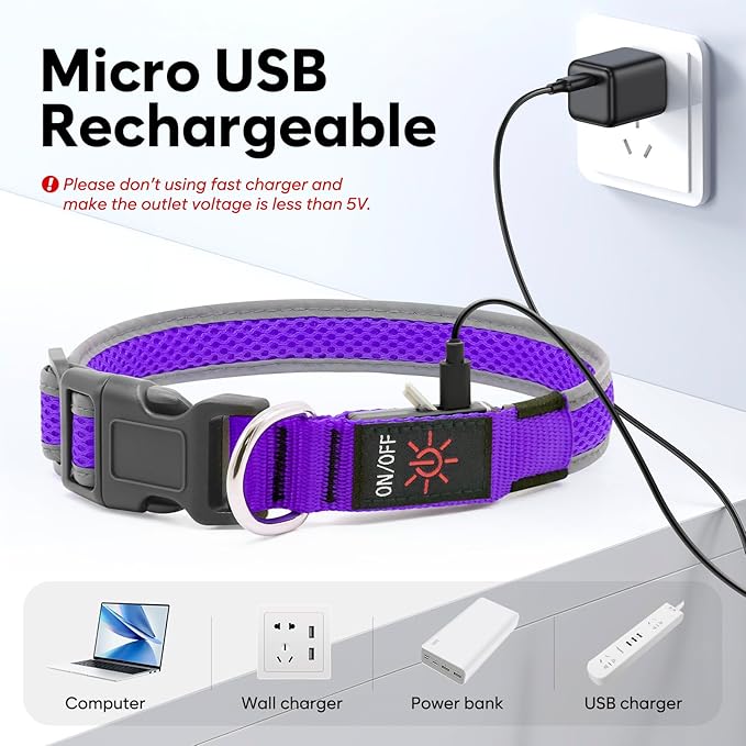 Flashseen LED Dog Collar, USB Rechargeable Light Up Dog Collar Lights, Adjustable Comfortable Soft Mesh Safety Pet Collar for Small, Medium, Large Dogs (Purple, Small)-PurrikoPets