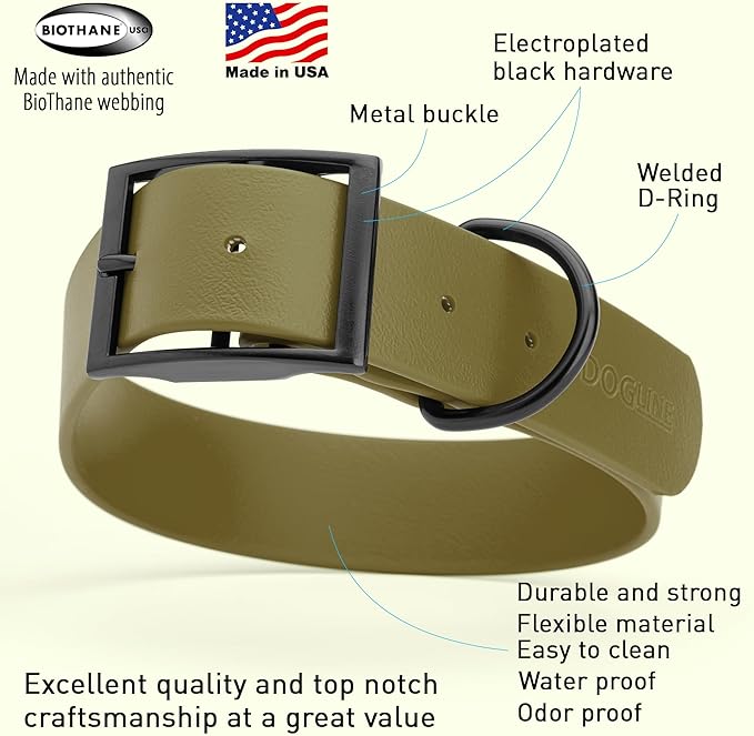 Dogline Biothane Waterproof Dog Collar Strong Coated Nylon Webbing with Black Hardware Odor- Proof for Easy Care Easy to Clean High Performance Fits Small Medium or Large Dogs, Olive Drab Green-PurrikoPets