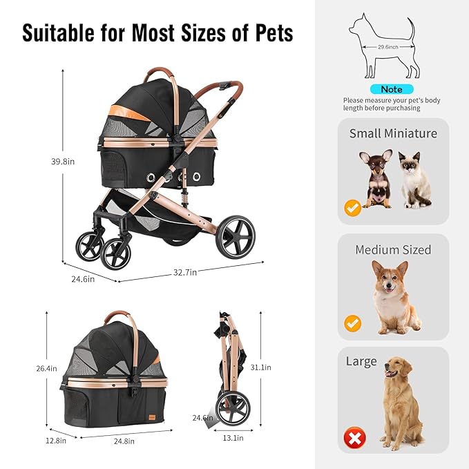 EchoSmile 4 in 1 Pet Stroller, Folding Lightweight Cat & Dog Stroller with Detachable Carrier, NO-Zip 180° Reversible Canopy, All Terrain 4-Wheel,45 lbs Capacity for Small to Medium Dogs-PurrikoPets