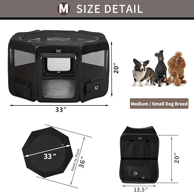 DONORO Dog Playpen Portable Pet Play Pens for Small Dog/Cat/Rabbit/Chicks, Cat Playpen Indoor/Outdoor with Carring Case, Removable Zipper Top and Bottom (Black, Medium (36"x36"x20"), 8)-PurrikoPets