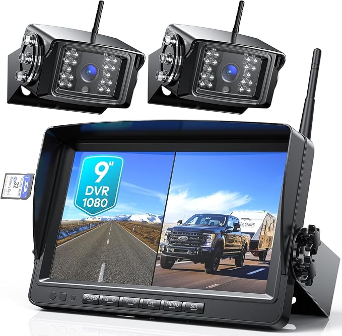 Fookoo 1080P 9" Wireless Backup Camera System, 9" HD Dual/Quad Split Monitor with Recording, IP69 Waterproof Rear View Front View Cameras with Parking Lines, Suits for RV/Truck/Trailer/Van/Bus(DW902)-PurrikoPets