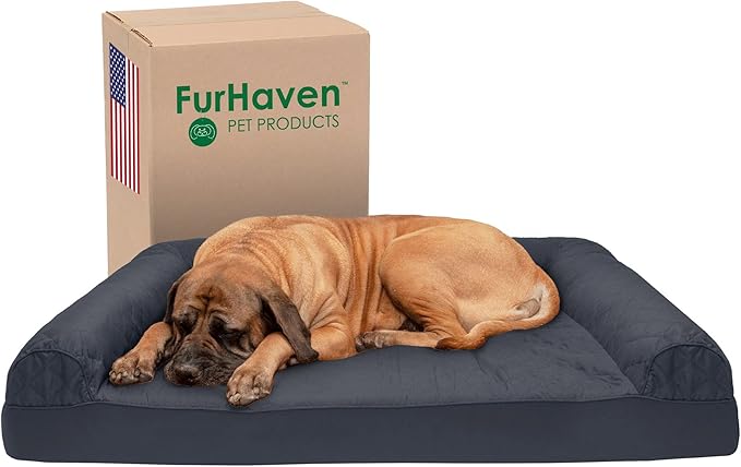 Furhaven Cooling Gel Dog Bed for Large Dogs w/ Removable Bolsters & Washable Cover, For Dogs Up to 125 lbs - Quilted Sofa - Iron Gray, Jumbo Plus/XXL-PurrikoPets