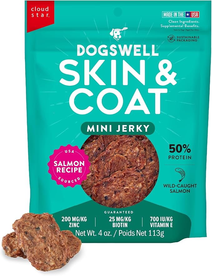 Dogswell Skin & Coat Mini Jerky Dog Treats, Salmon, 4 oz. Bag-PurrikoPets