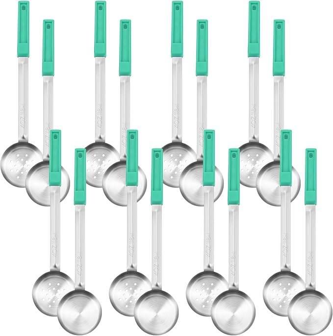 16 Pcs Portion Control Serving Spoons, Restaurant Measuring Serving Ladle Utensils, Portion Control Slotted Scoops for Weight Loss, Solid and Perforated Scoops(Green,4 oz)-PurrikoPets