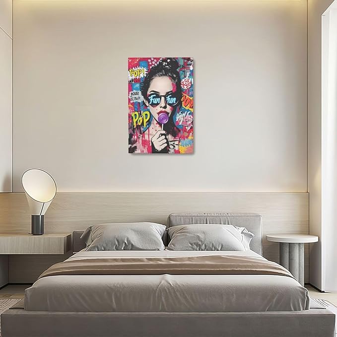 Fashion Women Wall Art Glam Modern Artwork for Girls Banksy Street Graffiti Pop Art Canvas Pictures Painting Print Framed Decorations Gifts for Bedroom Living Room Office 16"x24"-PurrikoPets