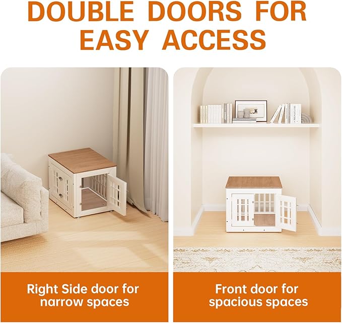 26" Heavy Duty Dog Crate Furniture for Small,Medium and Large Dogs,Rustic Wooden Dog Cage Kennel Indoor Furniture with Waterproof Top,Decorative Pet House Side End Table (White & Wood)-PurrikoPets