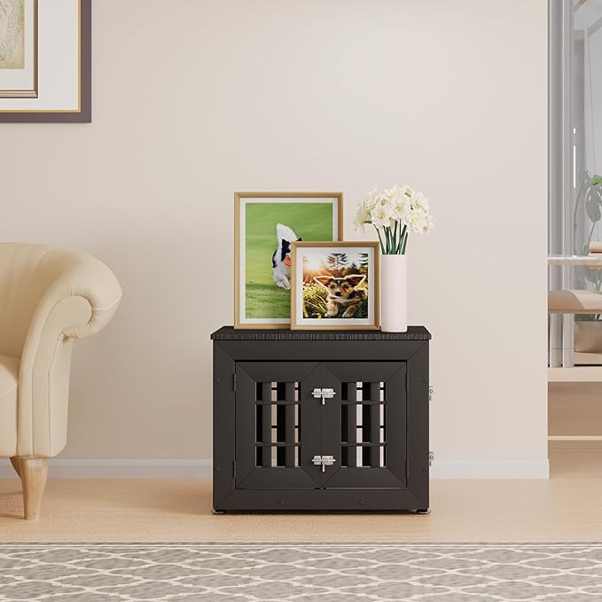 26" Heavy Duty Dog Crate Furniture for Small,Medium and Large Dogs,Rustic Wooden Dog Cage Kennel Indoor Furniture with Waterproof Top,Decorative Pet House Side End Table (Black)-PurrikoPets