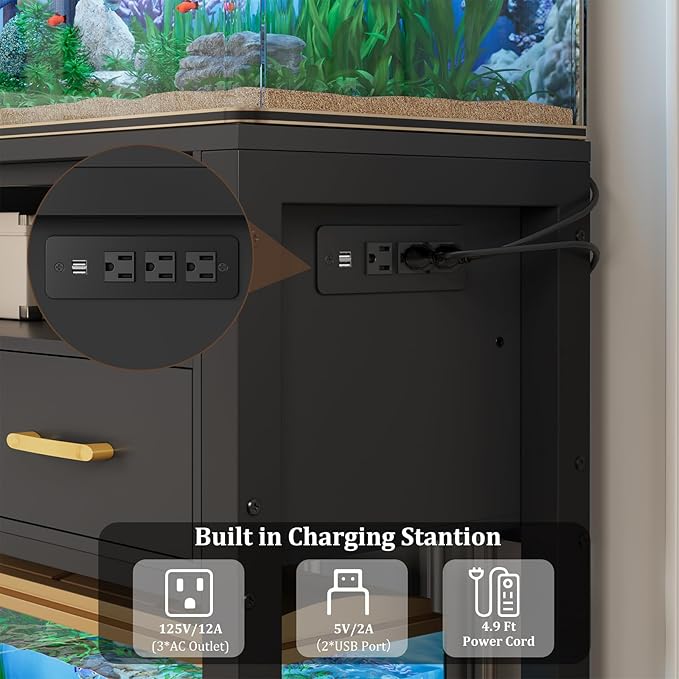 20-29 Gallon Aquarium Stand with Stable Metal Frame & Power Outlet, Heavy-Duty Fish Tank Stand with Waterproof Mat, 550LBS Capacity Storage Cabinet, Black-PurrikoPets
