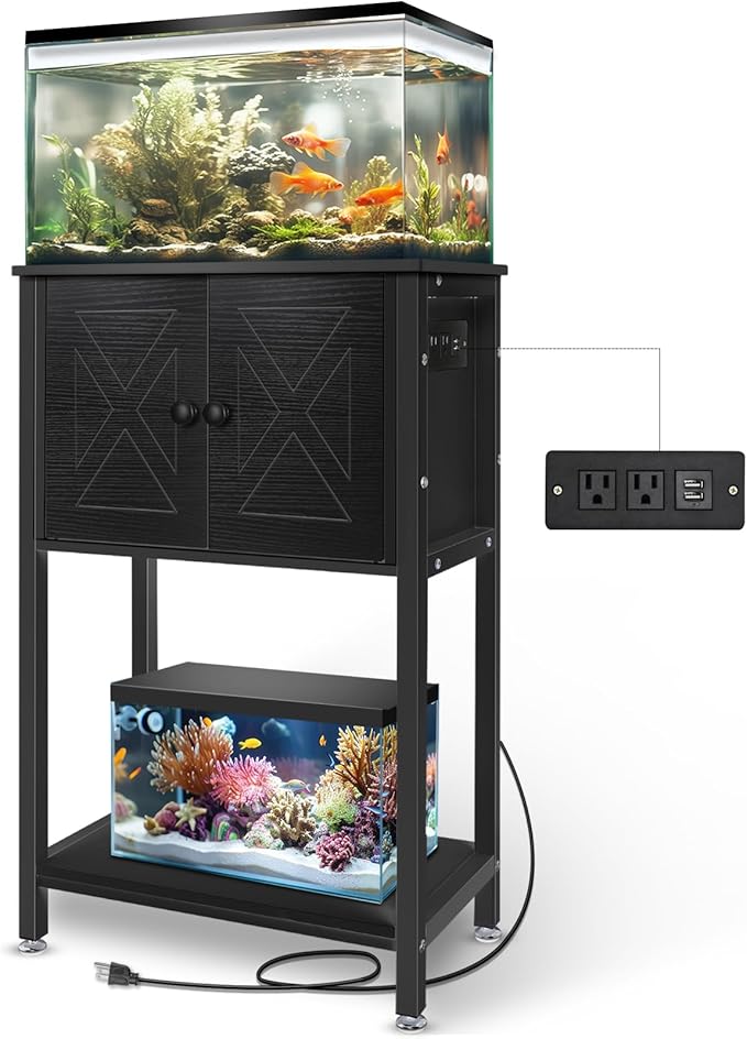 5-10 Gallon Fish Tank Stand, Heavy Duty Aquarium Stand with Cabinet & Power Outlets for Fish Tank Accessories Storage, Double Tank Stand 20.5" L* 11" W Tabletop, 220LBS Capacity Black-PurrikoPets