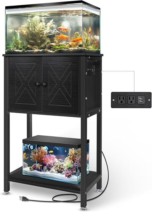 5-10 Gallon Fish Tank Stand, Heavy Duty Aquarium Stand with Cabinet & Power Outlets for Fish Tank Accessories Storage, Double Tank Stand 20.5" L* 11" W Tabletop, 220LBS Capacity Black-PurrikoPets