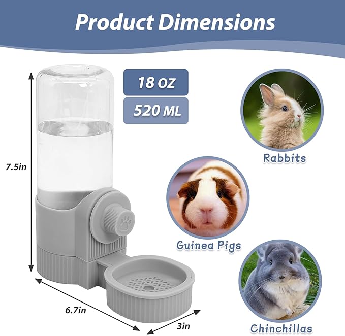 Fhiny Rabbit Water Bottle, 18oz Hanging Guinea Pig Water Bottle No Drip Gravity Automatic Bunny Water Dispenser for Cage Rabbit Waterer for Guinea Pig Bunny Chinchilla Ferret Cat Puppy-PurrikoPets