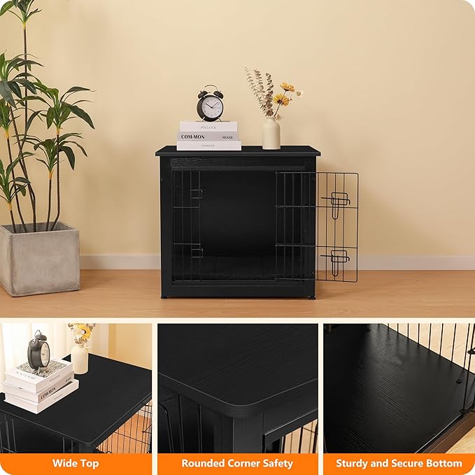 DWANTON Dog Crate Furniture with Cushion, Wooden Kennel Table with Double Doors, Indoor Dog House, Small/Medium/Large Size, 27.2" L, Black-PurrikoPets