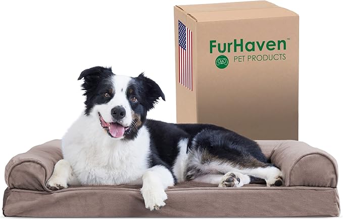 Furhaven Cooling Gel Dog Bed for Large/Medium Dogs w/ Removable Bolsters & Washable Cover, For Dogs Up to 55 lbs - Faux Fur & Velvet Sofa - Driftwood Brown, Large-PurrikoPets