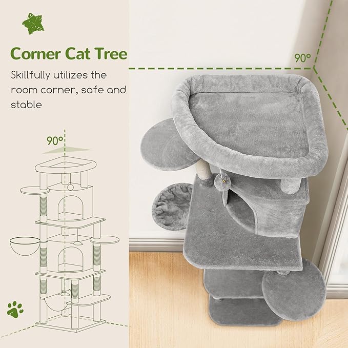 Globlazer Corner Cat Tree for Large Cats, 66inch Tall Curved Series Large Cat Tower for Multiple Indoor Cats with 6 Scratching Posts, 2 Spacious Cat Condos, Hammock, Hanging Basket, C66, Light Grey-PurrikoPets