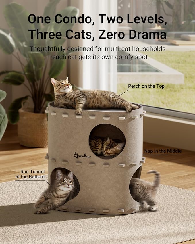 DownyPaws Cat House for Indoor Cats, 2-Storey Foldable Cat Bed Cave, Felt Cats Tunnel Bed Condo, Castle Kitten Cube Hideaway for Multicats, Scratch Resistant, Cream-PurrikoPets