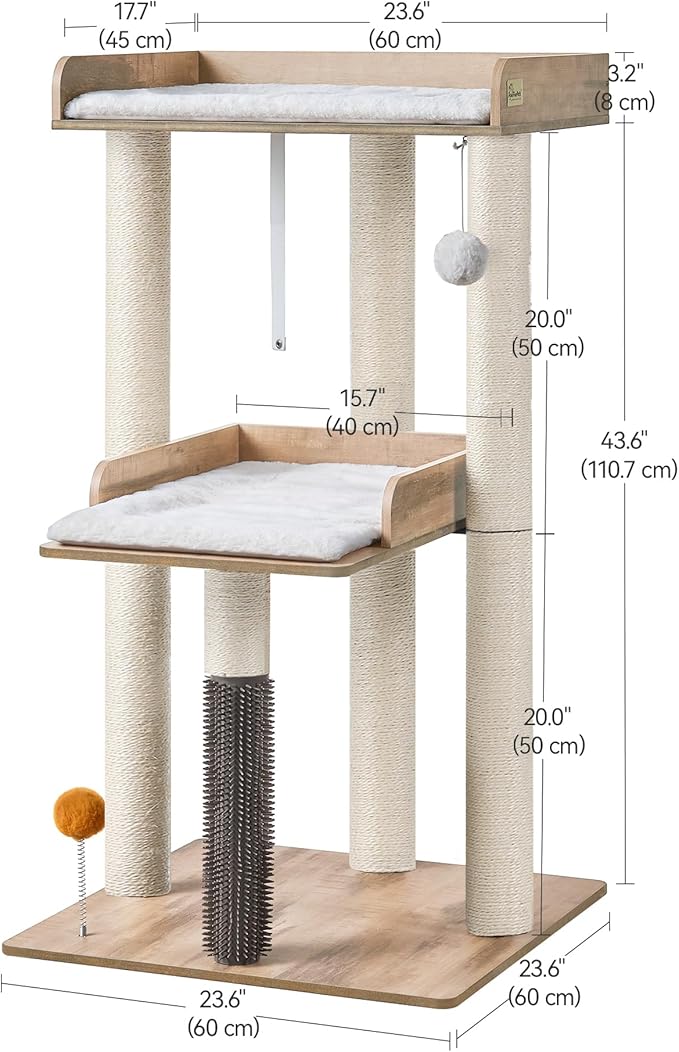 FourFurPets 43.7" Cat Tree, Modern Cat Tree Tower, Cat Tower for Indoor Cats Large Adult, Cat Condo with Scratching Post, Large Perch and Removable Pads, Greige-PurrikoPets