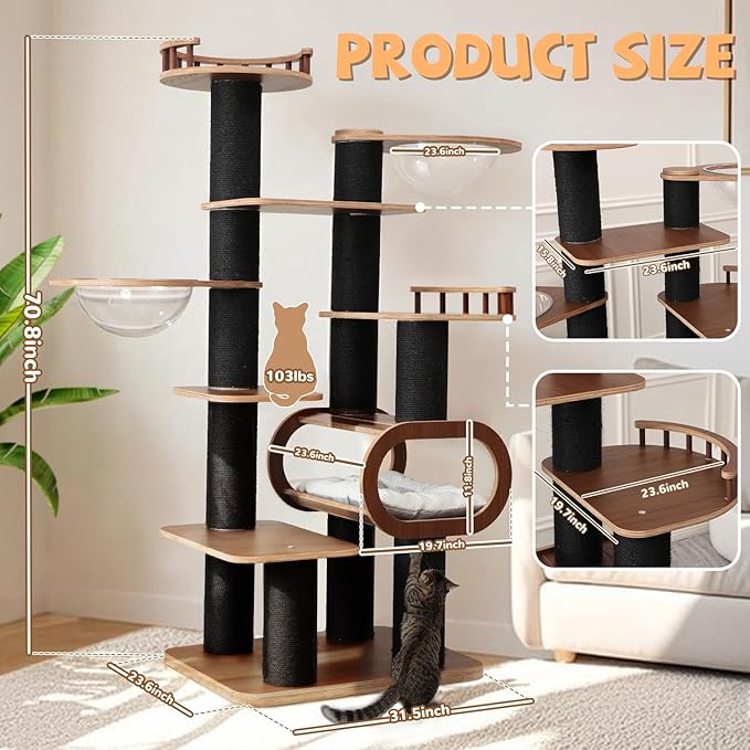 70.8'' Tall Luxury Cat Tree,All i,ne One Black Walnut Wood Modern Cat Tower for Indoor Large,Huge Multi-Level Cat Furniture with Scratching Posts,Condo,Cushion,Clear Bowl,Platform for Home Decoration-PurrikoPets