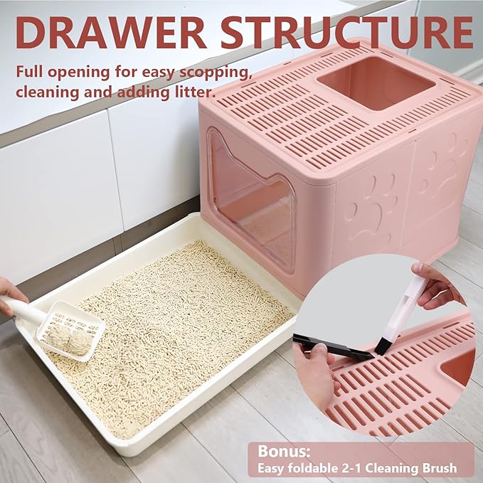 Foldable Cat Litter Box with Lid, Enclosed Potty, Large Top Entry Anti-Splashing Toilet, Easy to Clean Including Litter Scoop and 2-in-1 Cleaning Brush (Pink)-PurrikoPets