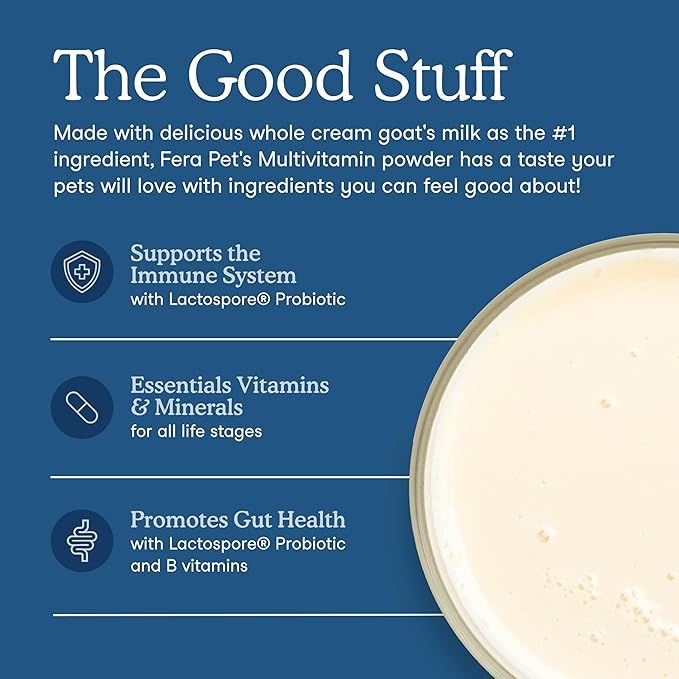 Fera Pets Goat Milk Topper - Multivitamin for Dogs & Cats with Probiotics - Supports Overall Health, Gut Health, and Immune System - for Picky Eaters - 60 TSP-PurrikoPets