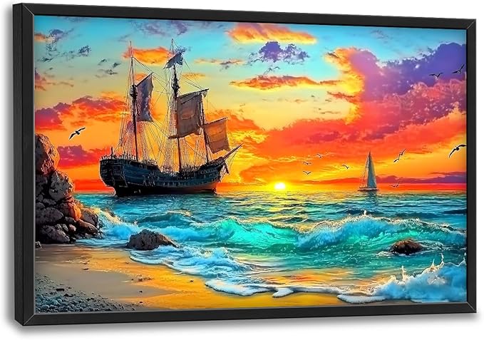 Framed Large Ship Wall Art for Living Room, Oversized Coastal Beach Boat Wall Decor Nautical Seascape Sailboat Canvas Painting Modern Artwork Home Decoration for Living Room Bedroom 36"x24"-PurrikoPets