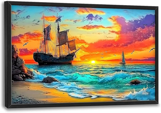 Framed Large Ship Wall Art for Living Room, Oversized Coastal Beach Boat Wall Decor Nautical Seascape Sailboat Canvas Painting Modern Artwork Home Decoration for Living Room Bedroom 36"x24"-PurrikoPets