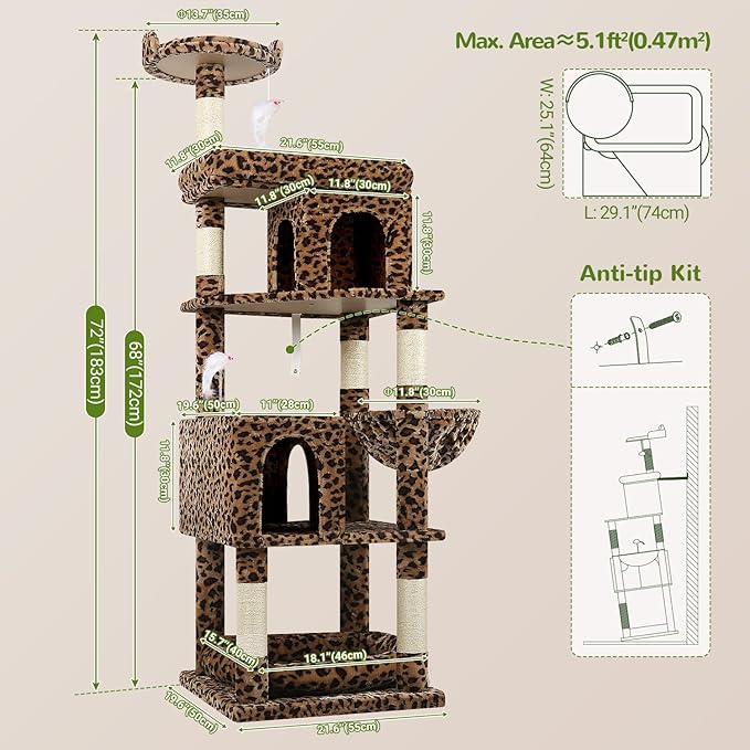 Globlazer Heavy Duty Cat Trees for Large Cats, Sturdy 72in Maine Coon Cat Tree for Large Cat 20 lbs+ Heavy Duty Cat Tower for Adult Biggest Cats with 6 Scratching Posts, Hammock, S72, Leopard Print-PurrikoPets