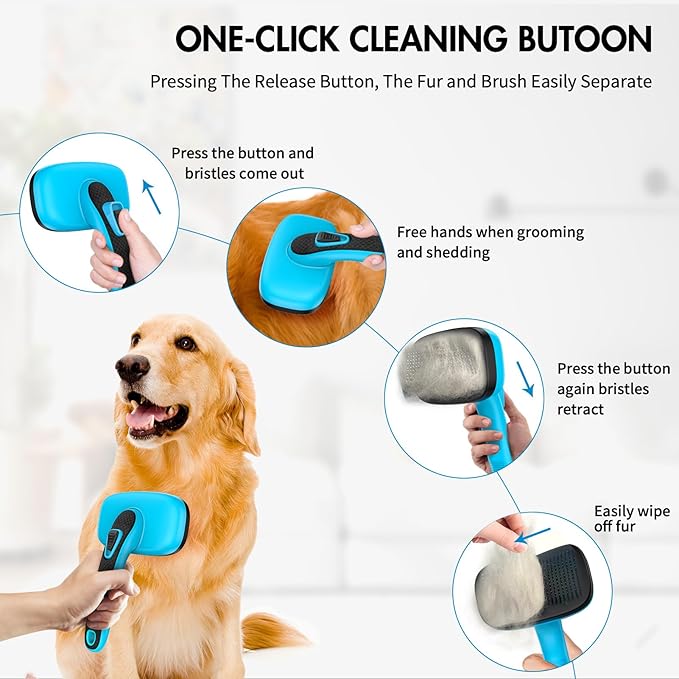Dog Self Cleaning Slicker Brush for Shedding, Ideal for Short Long Haired Dogs, Including Cat. Removes Loose Fur, Undercoat, Mats, Tangled Hair. Suit for Large Medium Small Animal. Blue-PurrikoPets