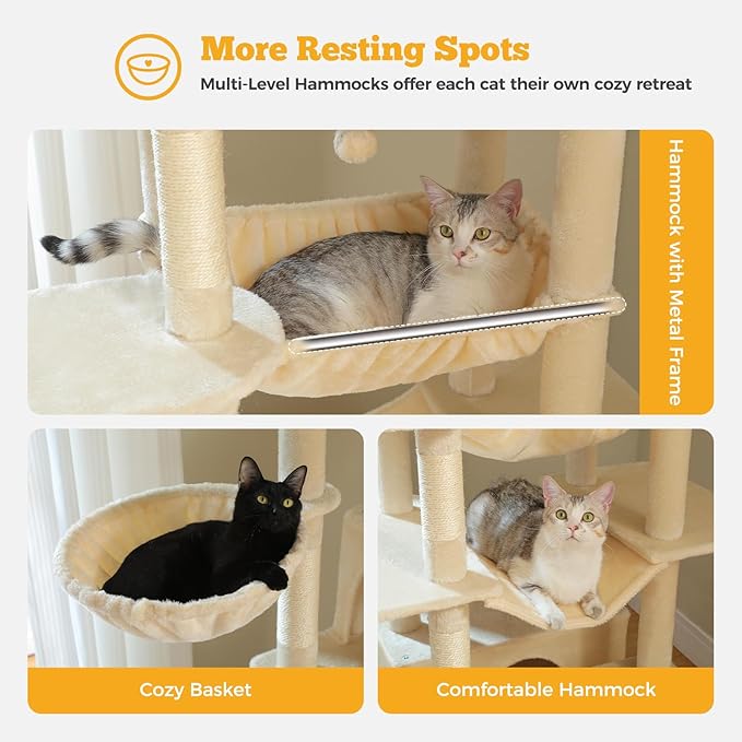 81" Heavy Duty Cat Tree for Large Cats up to 20lbs - Extra Tall Cat Tower with Metal Frame Hammock, 6 Sisal Scratching Posts, 2 Perches - Indoor Cat Furniture for Maine Coon, Big Cats, Beige-PurrikoPets