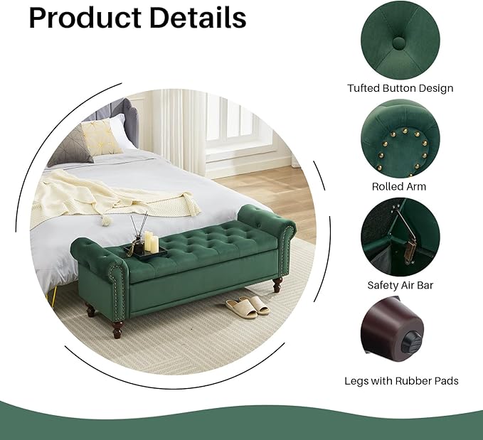 58.1'' Storage Bench Upholstered Velvet End of Bedroom Bed Bench Ottoman with Tufted Cushioned Rolled Arm Large Storage Space for Reading Living Room Entryway,Dark Green-PurrikoPets