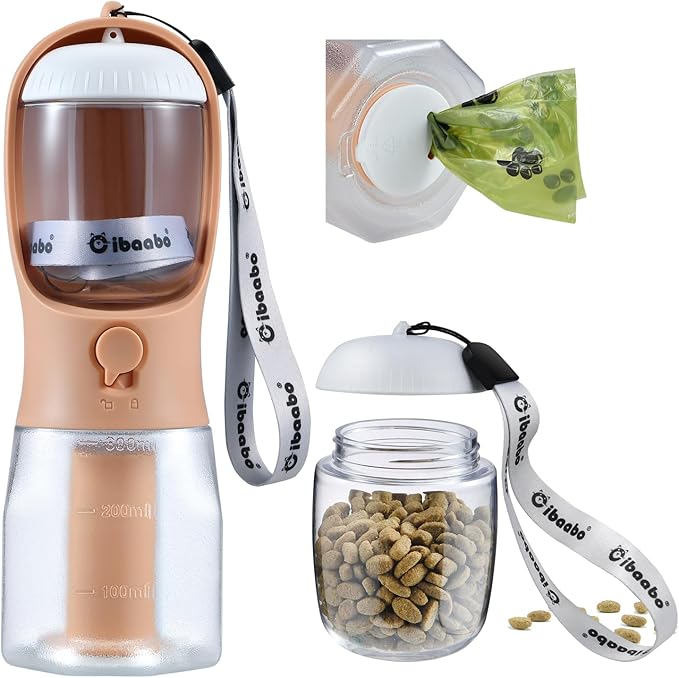 Dog Water Bottle with Food Container & Poop Bag Holder, Travel Water Bowl, Portable Pet Dispenser, Dog Stuff Accessories Items, Puppy Essentials Necessities for Yorkie Chihuahua Walking Hiking-PurrikoPets