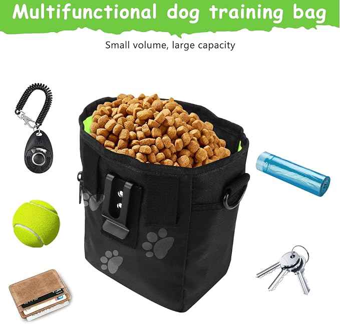 Dog Treat Pouches for Pet Training, Treat Pouches for Pet Training,Large Dog Treat Training Pouch and Dog Clicker,Dog Training Treat Pouch Built-in Poop Bag Dispenser-Black Pattern.-PurrikoPets