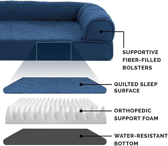 Furhaven Orthopedic Dog Bed for Large/Medium Dogs w/ Removable Bolsters & Washable Cover, For Dogs Up to 55 lbs - Quilted Sofa - Navy (Blue), Large-PurrikoPets