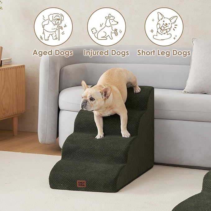 EHEYCIGA Curved Dog Stairs Ramp for High Beds 19.7" H, 4-Step Dog Steps for Small Dogs and Cats, Pet Stairs for High Bed Climbing, Non-Slip Balanced Pet Step Indoor, Olive Green-PurrikoPets